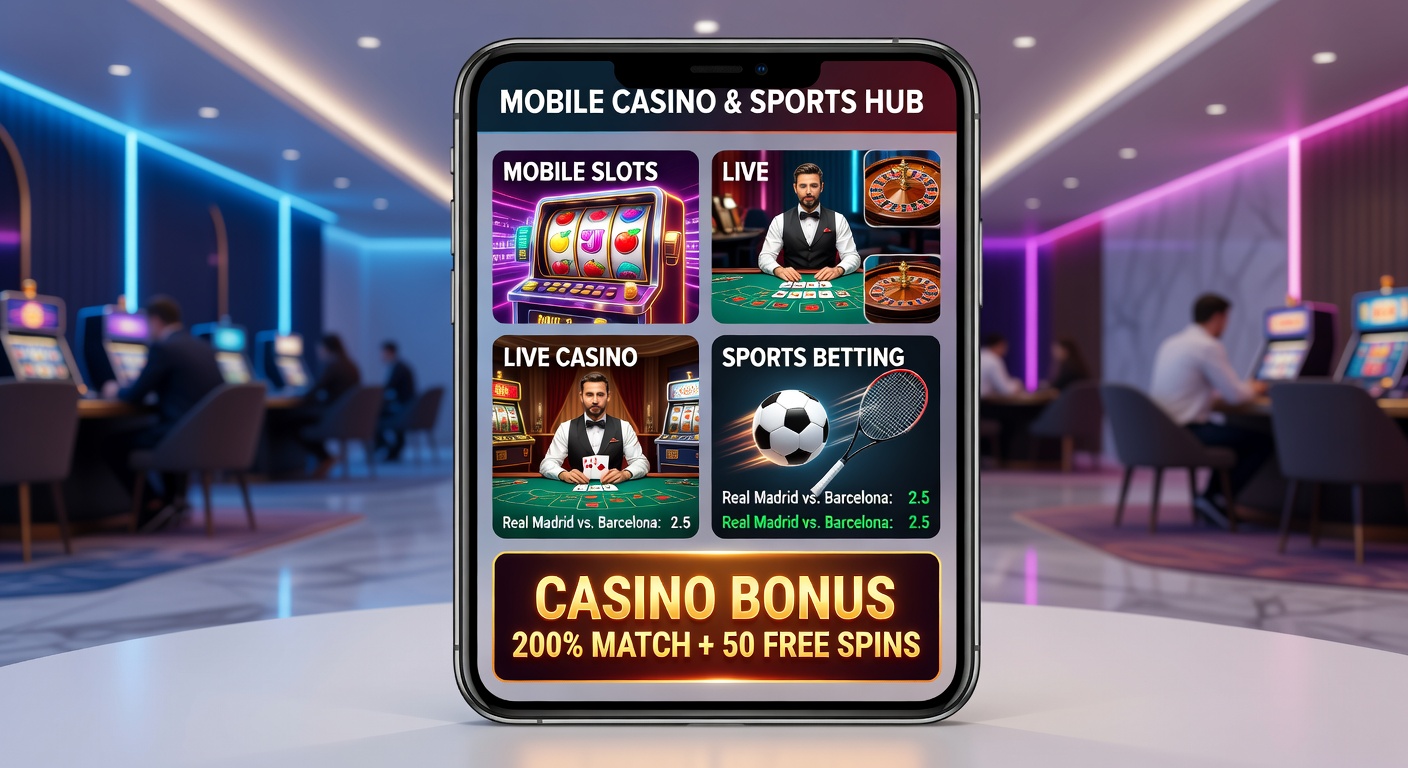 Detaillierte Ansicht eines hybriden Mobile-Casino-Screens mit Slots, Jackpot-Wheel und Live-Sport-Overlay