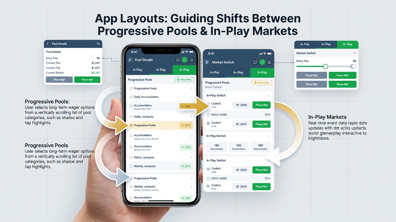 Detailansicht einer Smartphone-App mit integrierten Progressionsanzeigen und In-Play-Wettoptionen, die nahtlose Übergänge auf einem Handheld-Gerät illustrieren