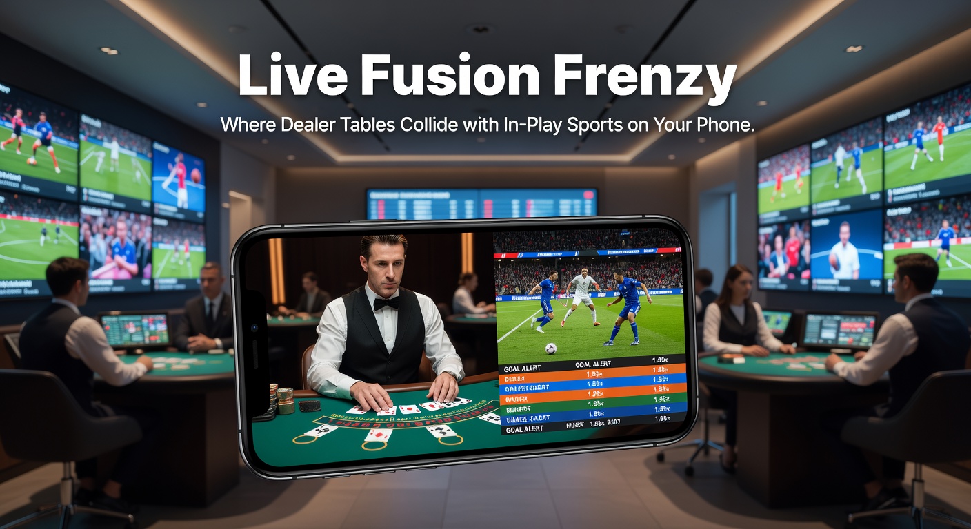 Smartphone-Bildschirm mit geteiltem View: Live-Dealer-Roulette links und In-Play-Fußballwette rechts, dynamische Fusion von Casino und Sport